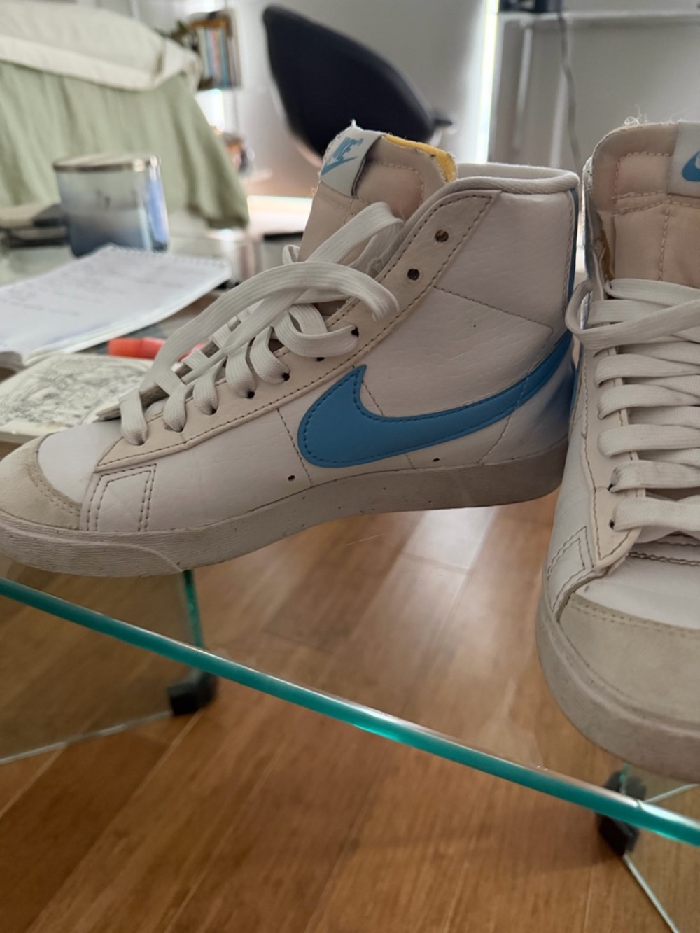 Nike White High-Top Sneakers with Blue Swoosh